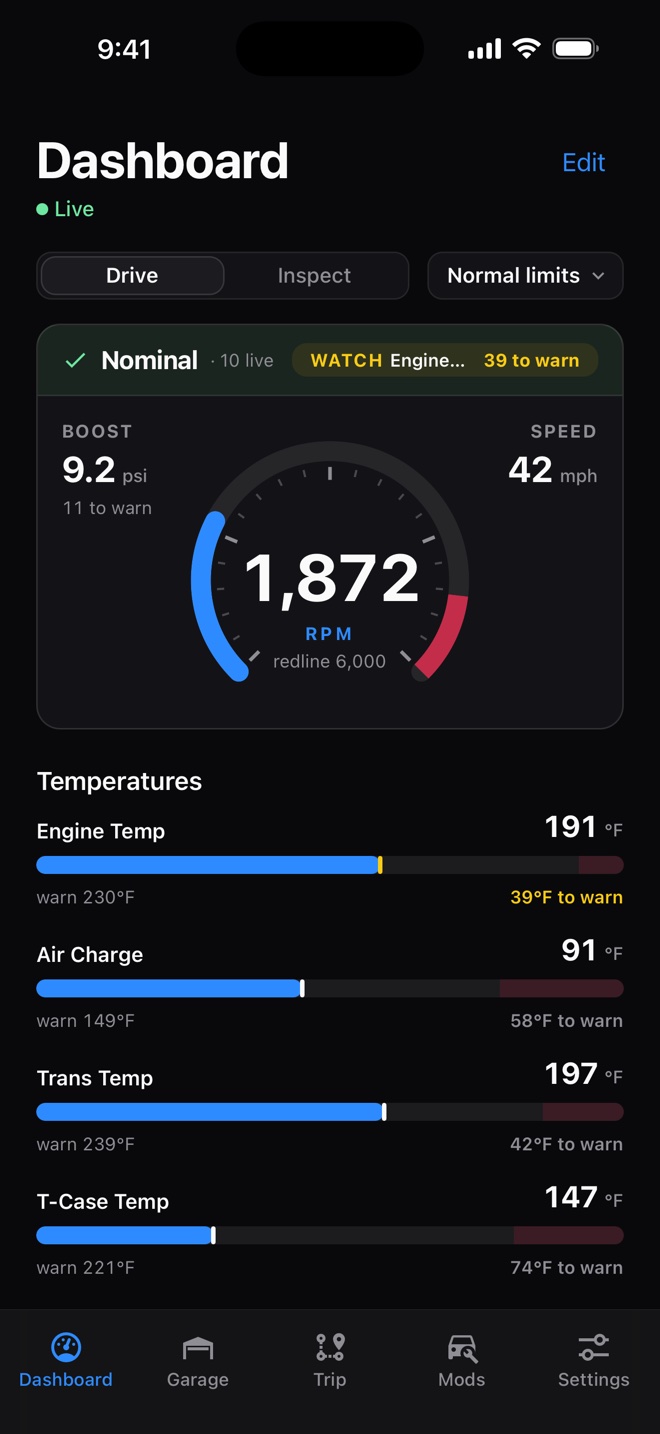Chase Baja Dashboard on an iPhone, status Nominal: 1,872 RPM, 42 mph, boost 9.2 psi, engine temp 191°F, trans temp 197°F, transfer case 147°F